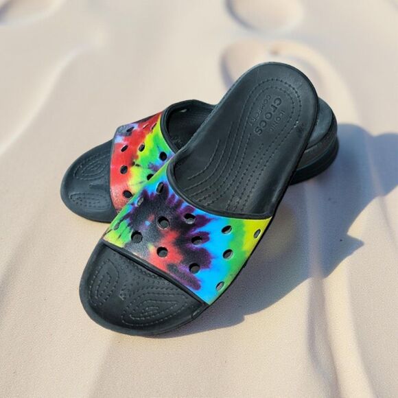 Big Kid Crocs Tie Dye Print Slides Flip Flop Sandals J 5 - Picture 1 of 6